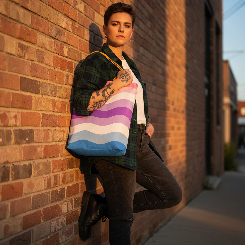 Model leans against a brick wall holding a wavy pastel-striped tote bag
