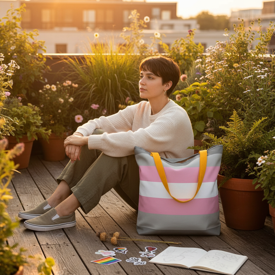 Young person on rooftop deck with Demigirl Extra Large Tote Bag, striped in gray, white, pink with yellow handles. Surrounded by plants, embracing LGBTQIA+ pride with vibrant stickers, sketchbook, and dried seeds.