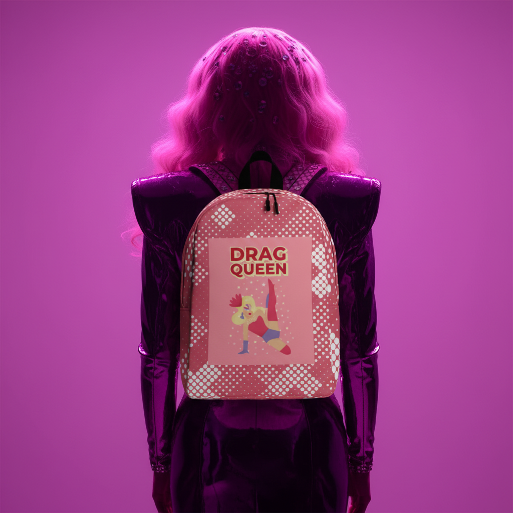 Drag Queen Minimalist Backpack with cartoon drag queen and “DRAG QUEEN” bold on purple-pink gradient, worn by femme in shiny purple.
