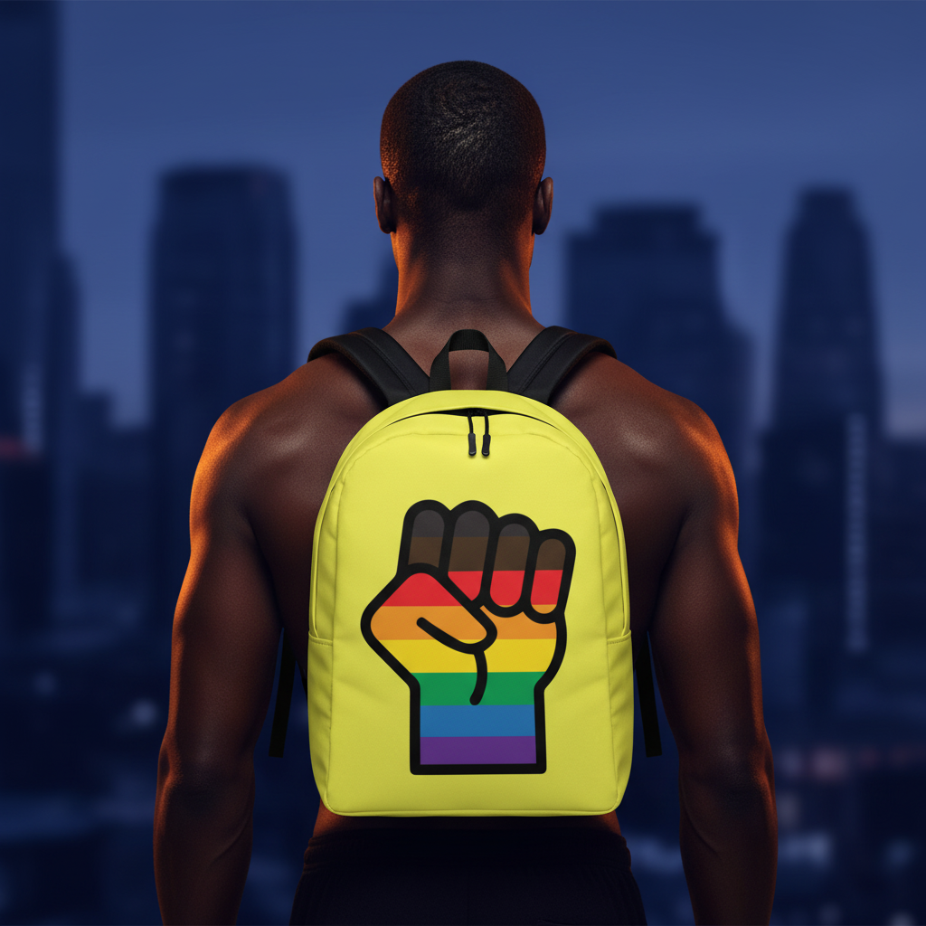 BLM LGBT Resist Minimalist Backpack features a rainbow raised fist graphic; wearer with short hair stands against a city skyline.