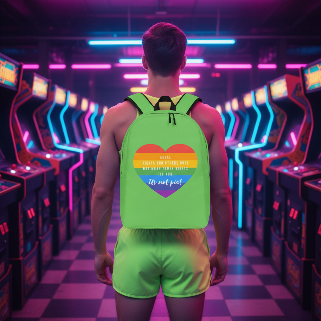 Bright green backpack with rainbow heart slogan, worn in a neon-lit arcade