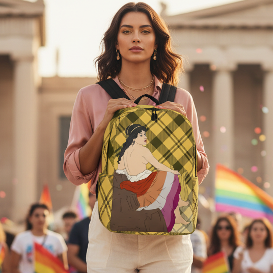 Sappho of Lesbos Minimalist Backpack, with a plus-size vintage femme in pink blouse and gold jewelry; rainbow flags at Pride.