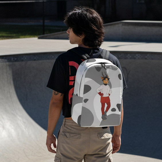 Sporty Dyke Minimalist Backpack with black spots and a horned character; worn by a queer person at a skatepark in chill basics.