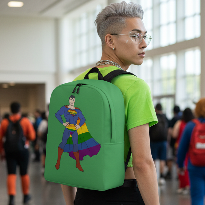 Gay Geek Minimalist Backpack slung over the shoulder of a queer person with silver hair, green shirt, and glasses in a lively crowd.