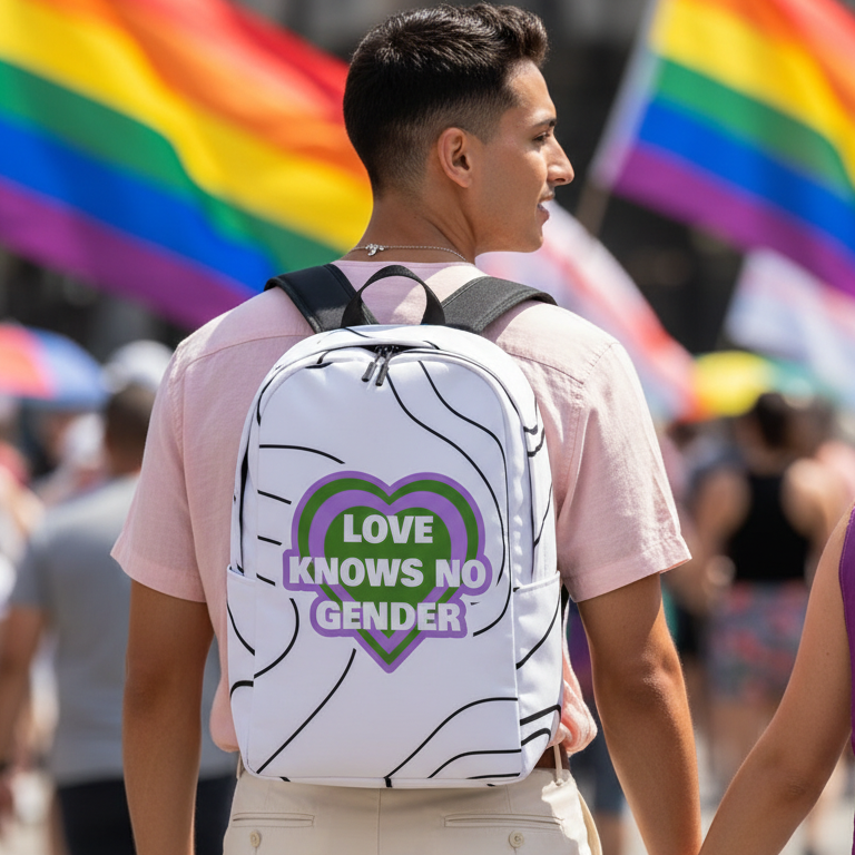 Love Knows No Gender Minimalist Backpack with green-and-purple heart and slogan, worn by person in pink at Pride with rainbow flags.