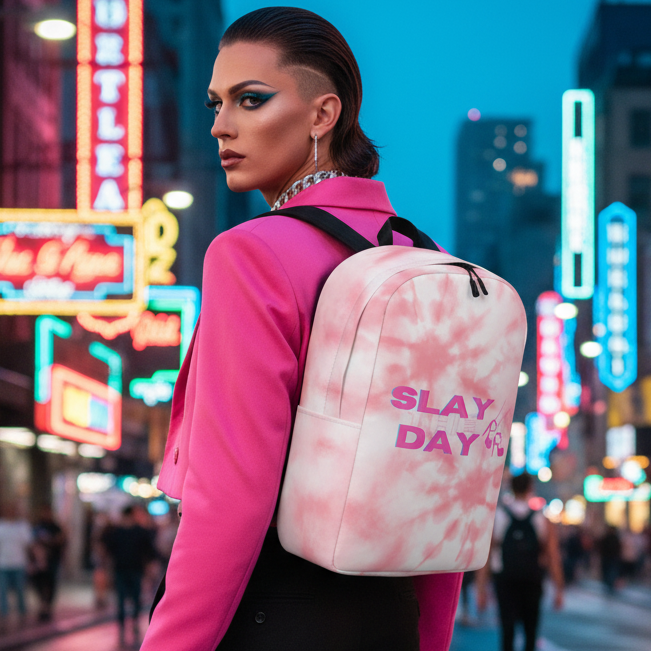 Slay The Day Minimalist Backpack worn by a bold babe in a pink blazer and fierce makeup, vibing on neon-lit city streets at dusk.