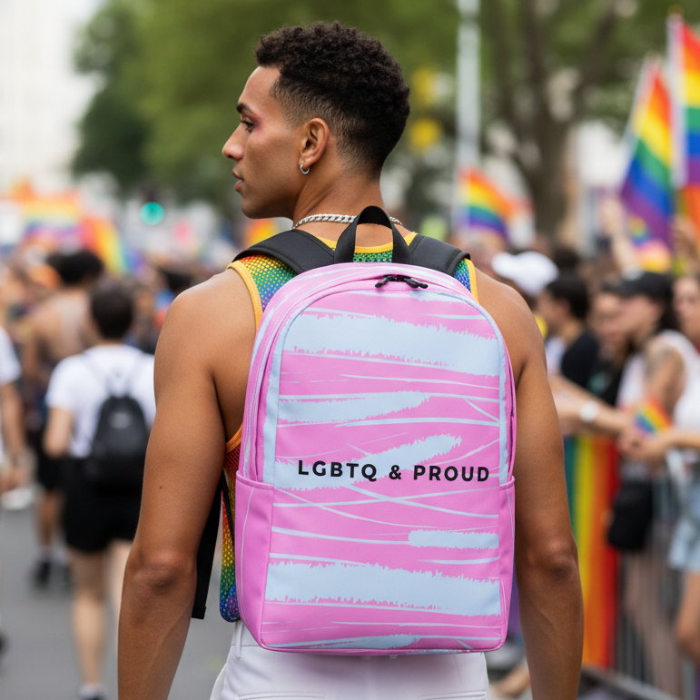 LGBTQ & Proud Minimalist Backpack slung over a short-haired marcher at Pride; rainbow flags wave above the joyful queer crowd.