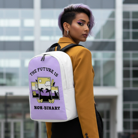 The Future Is Non-Binary Minimalist Backpack in white and purple, with plant, cloud, and screen art, carried by a femme with lavender hair.