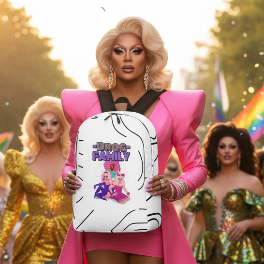 Drag Family Minimalist Backpack with cute cartoon figures, held by a drag queen in a pink dress as rainbow flags wave overhead.