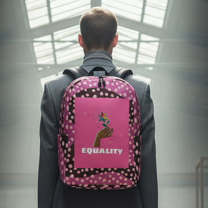 Equality Minimalist Backpack with pink polka-dots, a hand with colorful flowers, and "EQUALITY" in bold white letters worn by a suited person.