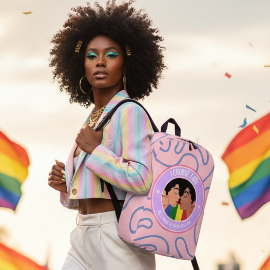 Be Proud Of Who You Are Minimalist Backpack" carried by a queer woman in pastels, rainbow flags waving at an LGBTQ+ Pride event.
