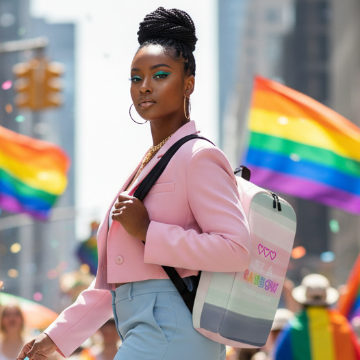 Be Yourself Minimalist Backpack on a confident woman in pink blazer and light blue pants, walking through rainbow flags at Pride.