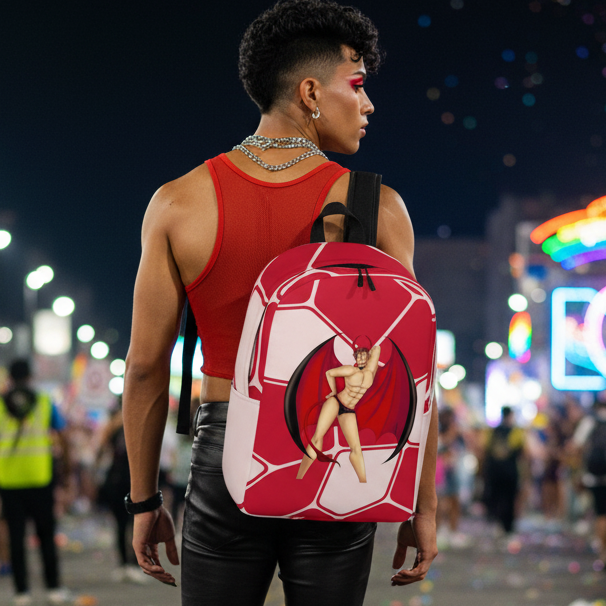 Gay Devil Minimalist Backpack with a winged, horned figure, carried by a queer person in a red tank under rainbow night lights.