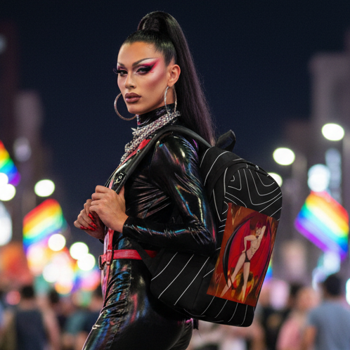 The Demon Of Homosexuality Minimalist Backpack with bold white lines, vibrant art, and rainbow pride flags glows on a queer city night.