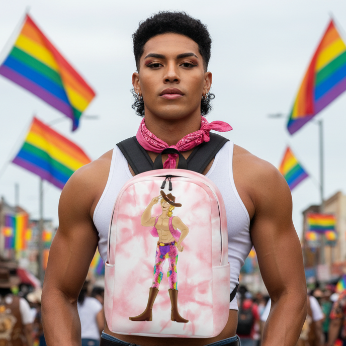 Gay Cowboy Minimalist Backpack on a buff, short-curly haired person in a white tank and pink bandana; Rainbow Pride flags line the street.