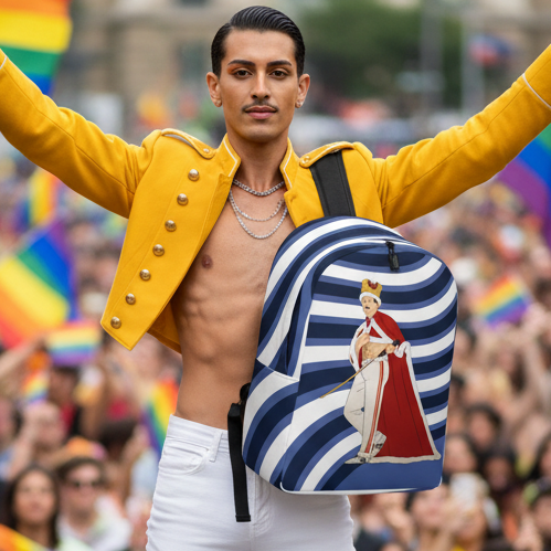 Queen Freddy Mercury Minimalist Backpack with crowned Mercury on blue-and-white waves, rainbow flags, and queer crowd at Pride.
