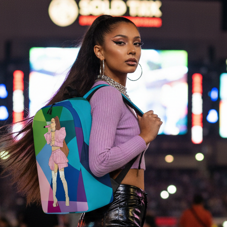 Ariana Grande Minimalist Backpack slung over shoulder, femme-presenting cutie in lilac top, city lights and "SOLDTEX" sign glowing.