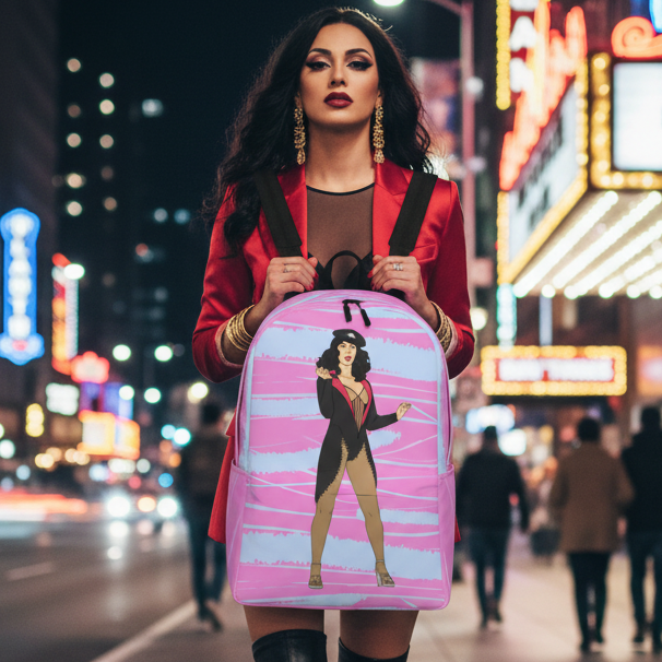Cher Burlesque Minimalist Backpack with an illustrated femme in black jacket and tights, held by woman in red blazer, city at night.
