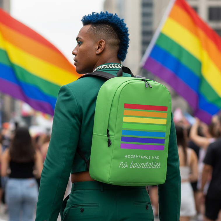 Acceptance Has No Boundaries Minimalist Backpack" with rainbow stripes worn by a blue-haired person in a green suit at Pride, rainbow flags and parade crowd behind.