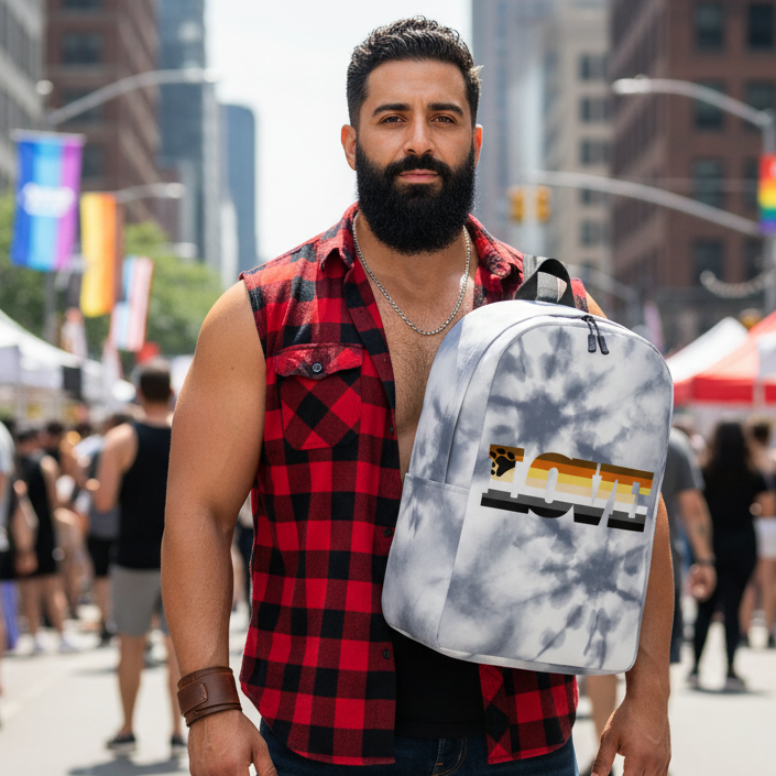 Gay Bear Pride Minimalist Backpack with bold rainbow "LOVE" lettering, held by a bearded man at a sunny city pride parade.