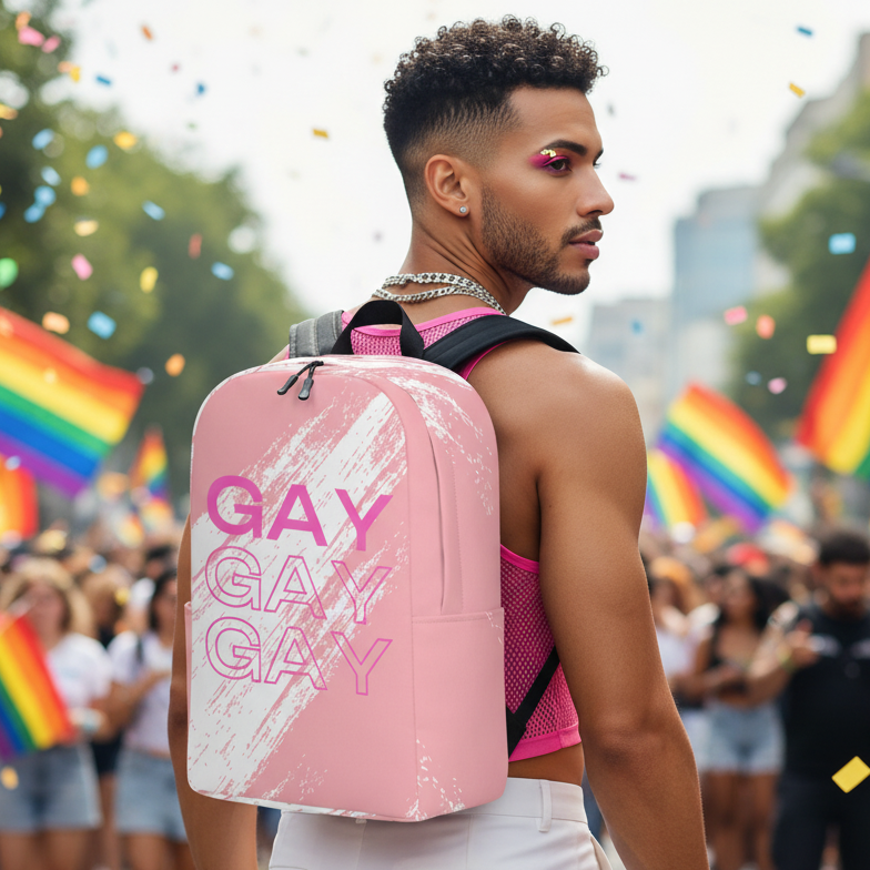 Gay Gay Gay Minimalist Backpack slung over the shoulder at a vibrant pride parade, rainbow flags waving, pink crop top shining.