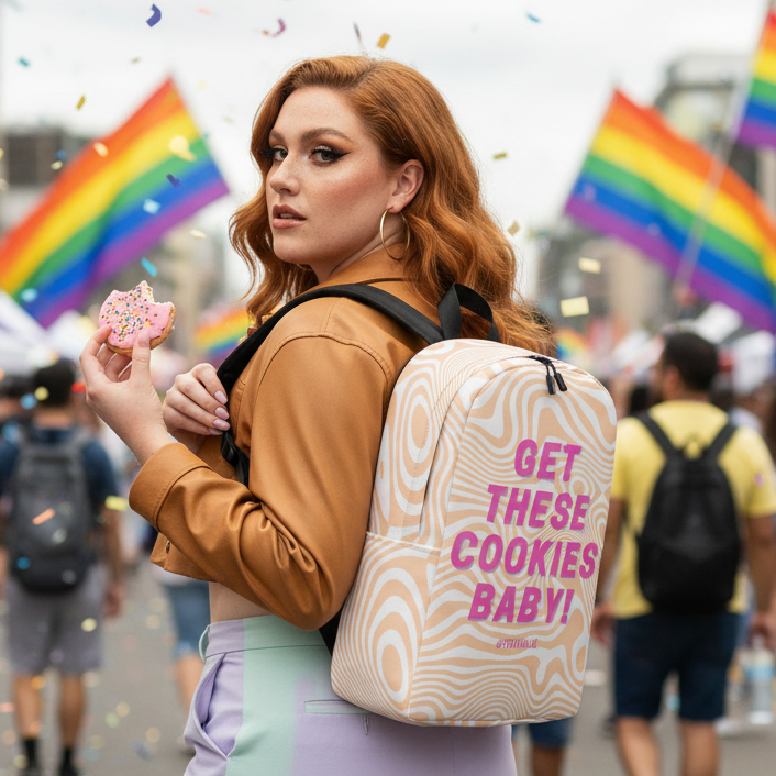 Get These Cookies Minimalist Backpack, reading "GET THESE COOKIES BABY!", worn by a redhead at Pride with rainbow flags, confetti, and a pink cookie.