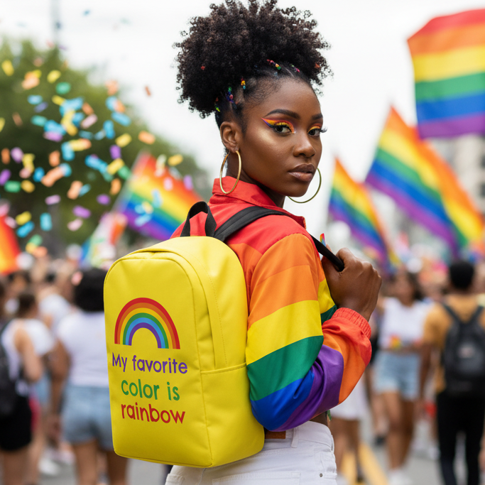 My Favourite Color Is Rainbow Minimalist Backpack" slung over a woman's shoulder at Pride, rainbow jacket, gold hoops, rainbow flags.