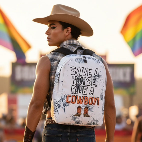 Save A Horse Ride A Cowboy" minimalist backpack sported by a queer person in cowboy hat and plaid, surrounded by rainbow flags.