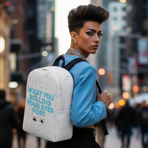 The "What You Rolling Your Eyes For? Minimalist Backpack," with blue text and cartoon eyes, hangs from the shoulder of a stylish, queer-presenting person in a blue jacket and bold makeup on a city street.