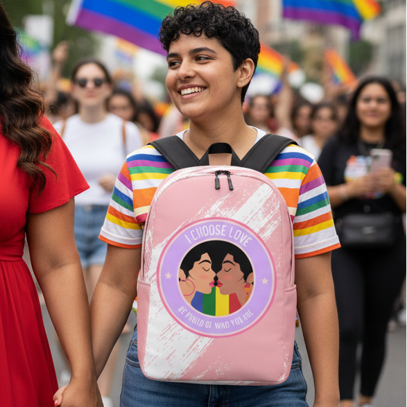 Minimalist backpack reads “I CHOOSE LOVE, BE PROUD OF WHO YOU LOVE,” with art of two people about to kiss; rainbow flags behind.