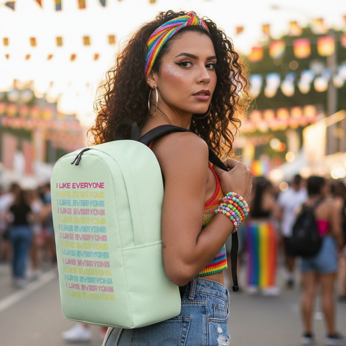 I Like Everyone Minimalist Backpack" on a woman with curly hair, rainbow headband, bracelets, bright top, pride flags all around.