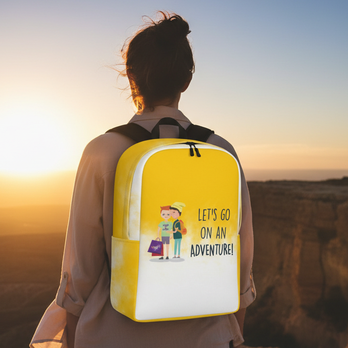 Let’s Go On An Adventure Minimalist Backpack with black straps, two cartoon kids, and “Lets Go On An Adventure!” slogan; femme-presenting wearer gazes at a sunset by rocky cliffs.