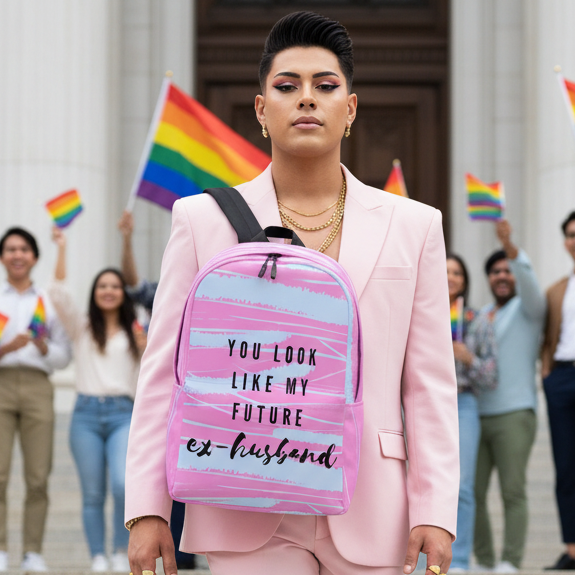 You Look Like My Future Ex-Husband" minimalist backpack held by someone in a pink suit at Pride, rainbow flags and smiles nearby.
