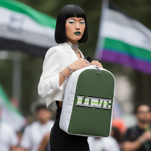 Agender Love Minimalist Backpack in white and green with "LOVE" in Pride colors, carried by a queer person at outdoor Pride.