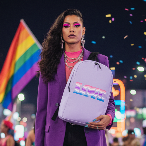 Alternative Genderfluid Love Minimalist Backpack with "LOVE" in rainbow lettering, held by a confident queer in a purple blazer, bold pink makeup, layered jewelry; pride flag waves among city lights and confetti.
