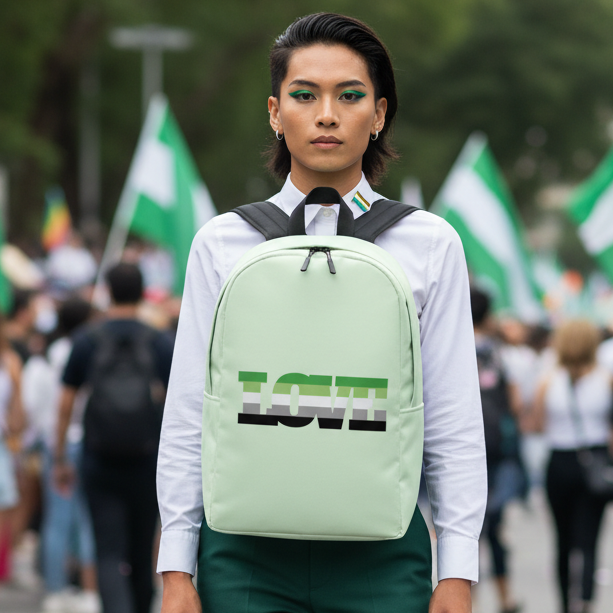 Aromantic Love Minimalist Backpack on person in mint green shirt, green pants; bold green eye makeup, waving aro flags in a crowd.