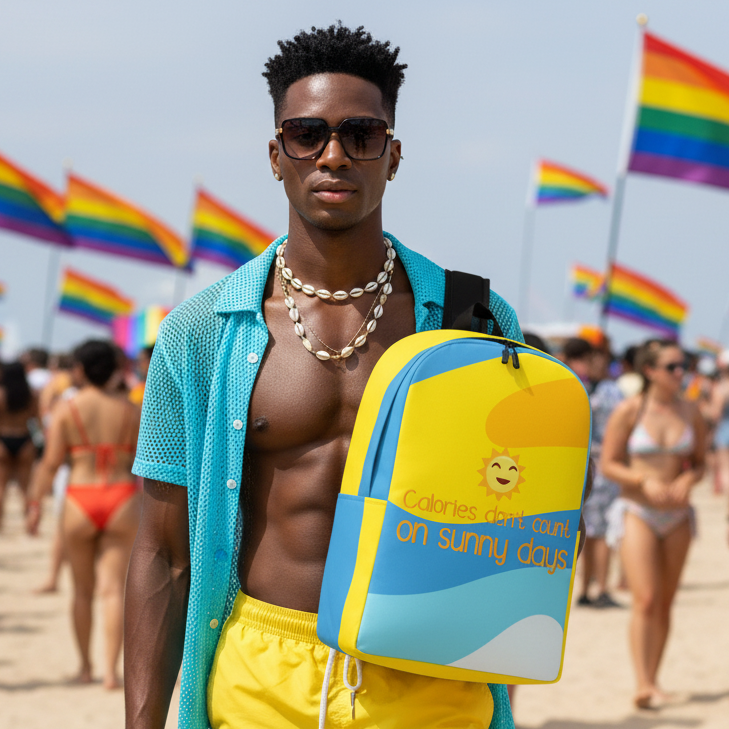 Minimalist backpack reading "Calories Don't Count On Sunny Days" held by a stylish man on a sunny beach with Pride rainbow flags waving.
