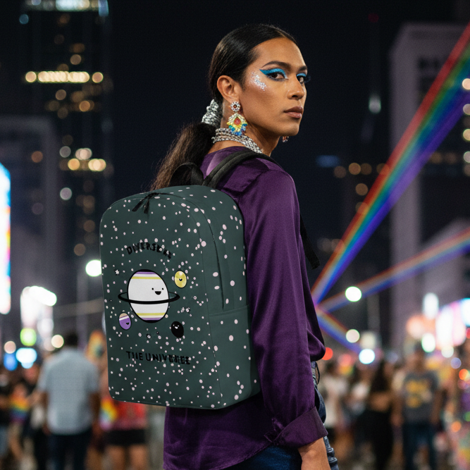 Diverse As The Universe Minimalist Backpack with cute planet art, worn by a queer person in purple, under rainbow city lights.