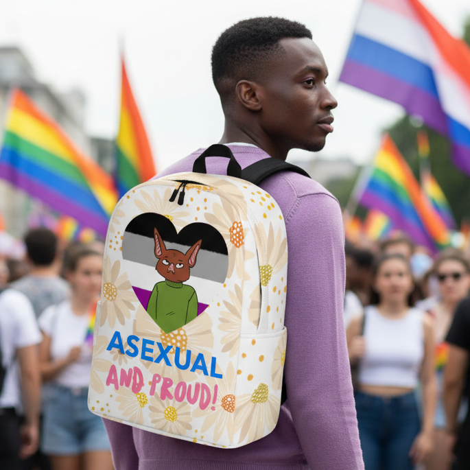 Asexual And Proud Minimalist Backpack with cartoon cat and heart, worn by person in lavender at pride as rainbow flags wave.