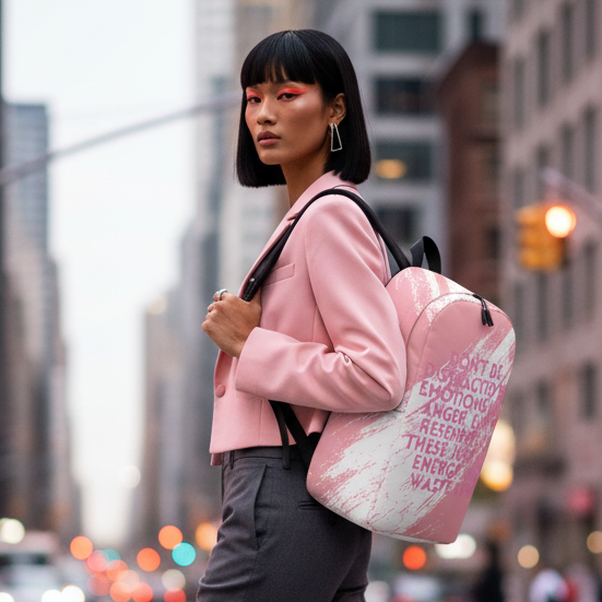 Don't Be Distracted By Emotions" Minimalist Backpack slung on woman in pink blazer, gray pants, bold pink eye makeup; city at dusk.