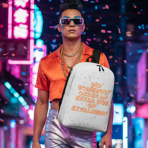 Extra Side Of Extraness Minimalist Backpack, bold orange text “Did somebody order an extra side of extraness?”, worn by a queer person in shiny orange shirt, metallic pants, futuristic sunglasses on a neon-lit street at night.