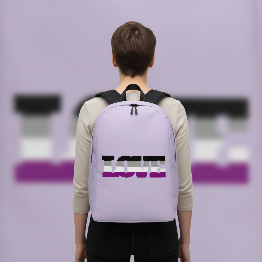 Asexual Love Minimalist Backpack with "LOVE" over asexual flag stripes, worn by person facing away; blurred pride flag behind.