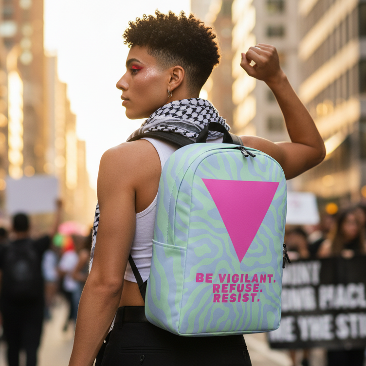 Minimalist backpack with “Be Vigilant. Refuse. Resist.” slogan and large pink triangle, worn at a city protest by a queer activist.