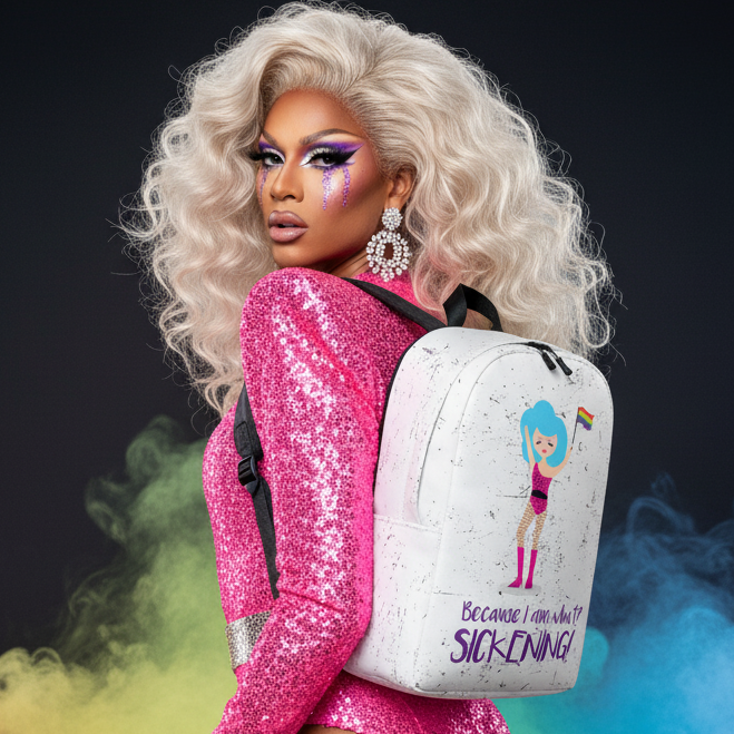 Because I Am What? Sickening! Minimalist Backpack" with cartoon drag queen, bold slogan; carried by a queen in pink sequins.