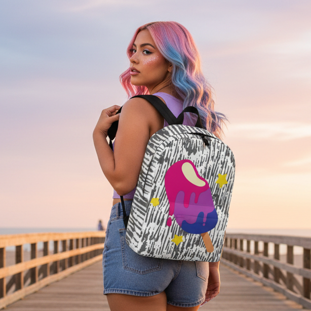 Bisexual Popsicle Minimalist Backpack with pink, purple, blue melting popsicle and yellow stars, worn on a boardwalk at sunset.