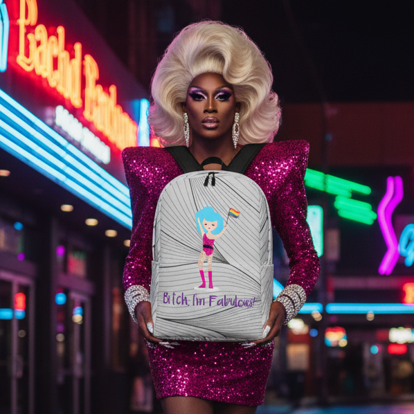 Bitch I'm Fabulous! Drag Queen Minimalist Backpack" with cartoon art, held by a drag queen in magenta on neon-lit street at night.
