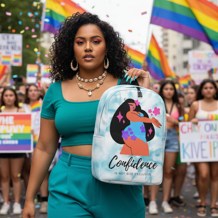 Body Confidence Minimalist Backpack reading “Confidence is not size exclusive” at Pride, carried by a woman in teal among rainbows.