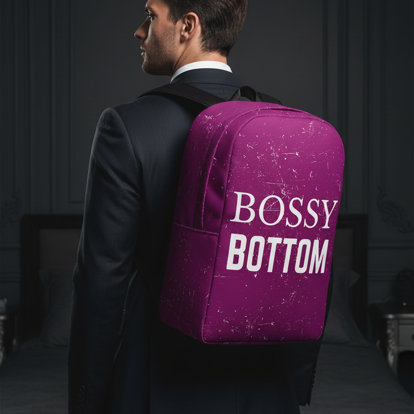 Minimalist backpack in bright purple with bold white "BOSSY BOTTOM" text, worn proudly by a man in a dark suit, serving queer vibe.