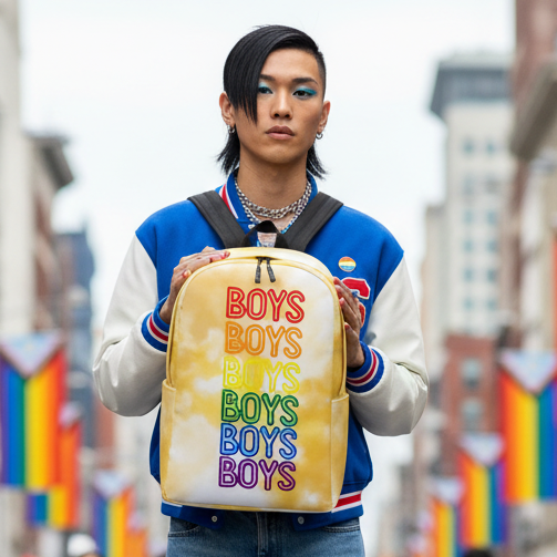 Boys Boys Boys Minimalist Backpack in rainbow colors held by a queer person in blue eye makeup; Pride flags line the city street.
