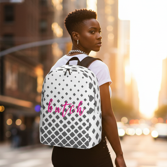 Butch Minimalist Backpack with gray diamond patterns and “butch” in pink script, carried by a Black woman with a short haircut at sunset.